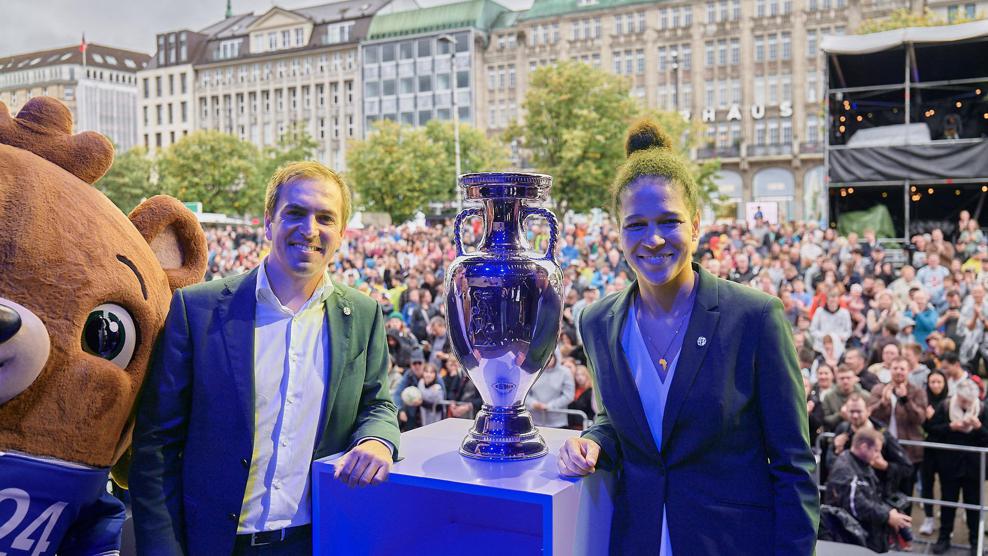 EURO 2024 mascot Albärt, tournament director Philipp Lahm and tournament ambassador Celia Šašić in Hamburg
